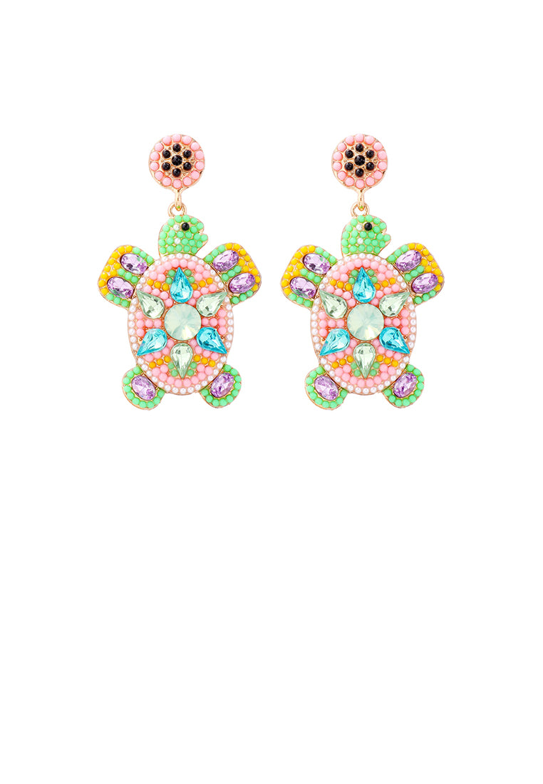 Fashion Cute Plated Gold Turtle Pink Ball Earrings with Cubic Zirconia - Luxurious Look - Vibrant Color