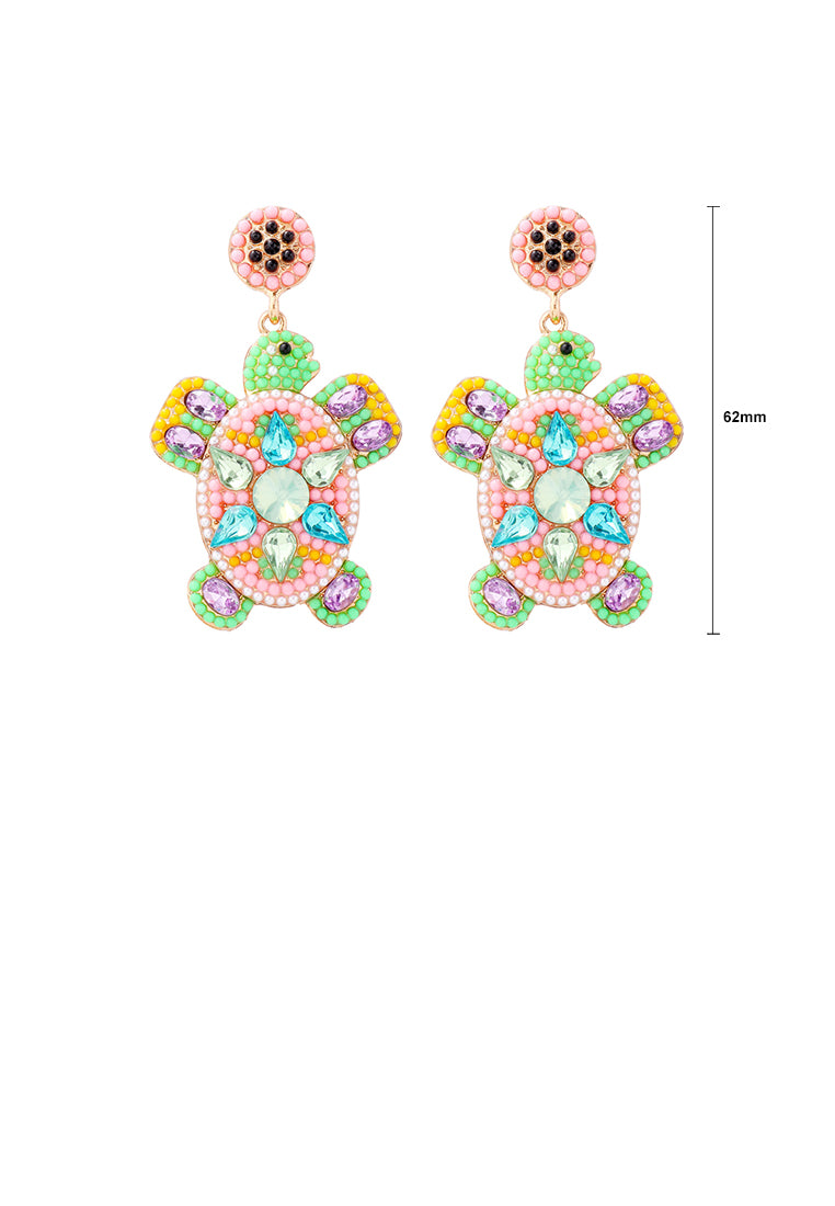 Fashion Cute Plated Gold Turtle Pink Ball Earrings with Cubic Zirconia - Luxurious Look - Vibrant Color