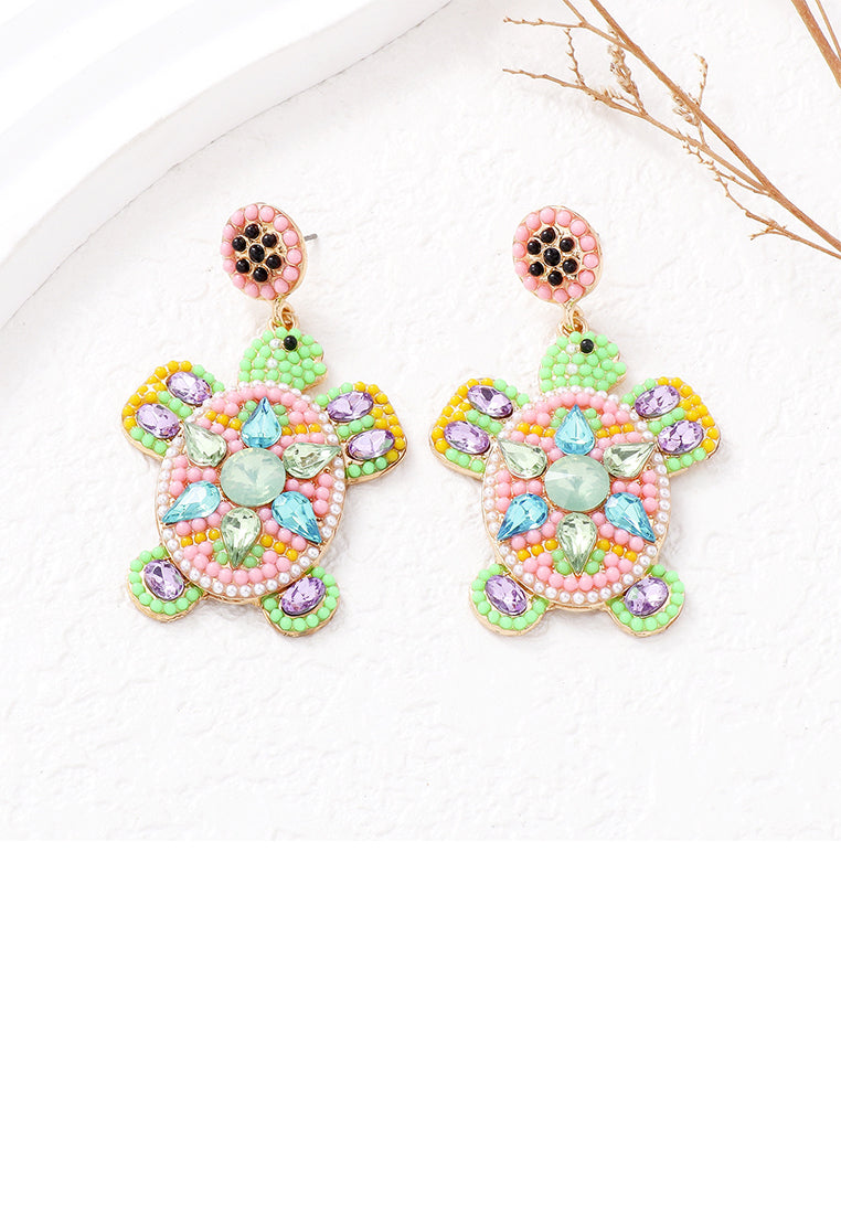 Fashion Cute Plated Gold Turtle Pink Ball Earrings with Cubic Zirconia - Luxurious Look - Vibrant Color