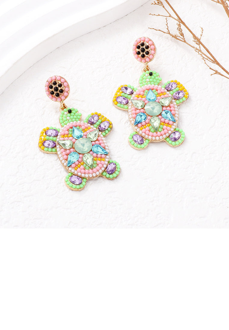 Fashion Cute Plated Gold Turtle Pink Ball Earrings with Cubic Zirconia - Luxurious Look - Vibrant Color