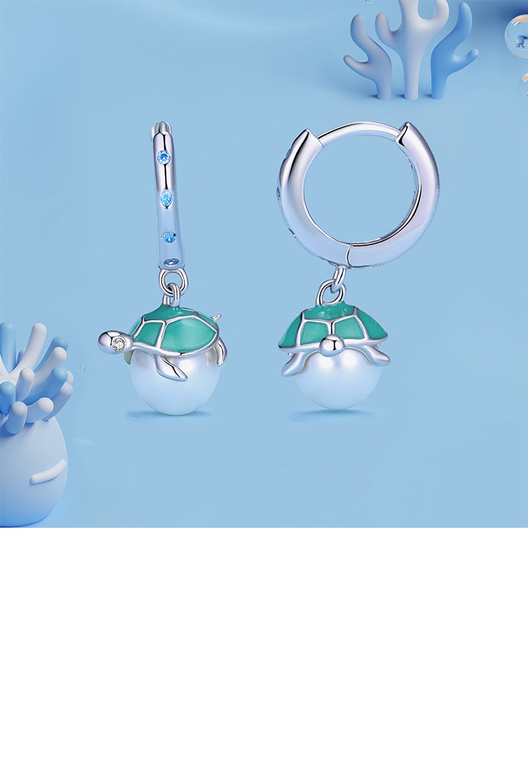925 Sterling Silver Fashion Cute Turtle Imitation Pearl Earrings with Cubic Zirconia - Luxurious Look
