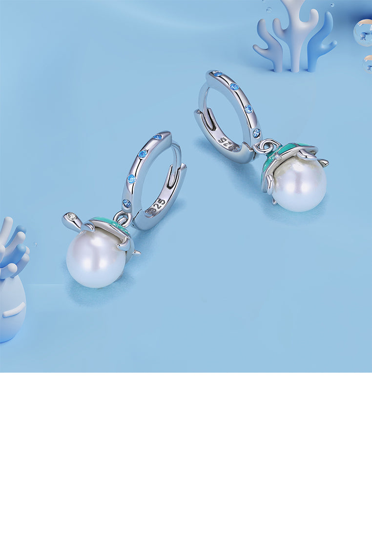 925 Sterling Silver Fashion Cute Turtle Imitation Pearl Earrings with Cubic Zirconia - Luxurious Look