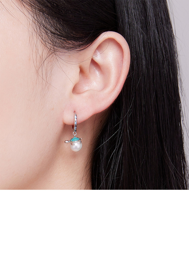 925 Sterling Silver Fashion Cute Turtle Imitation Pearl Earrings with Cubic Zirconia - Luxurious Look