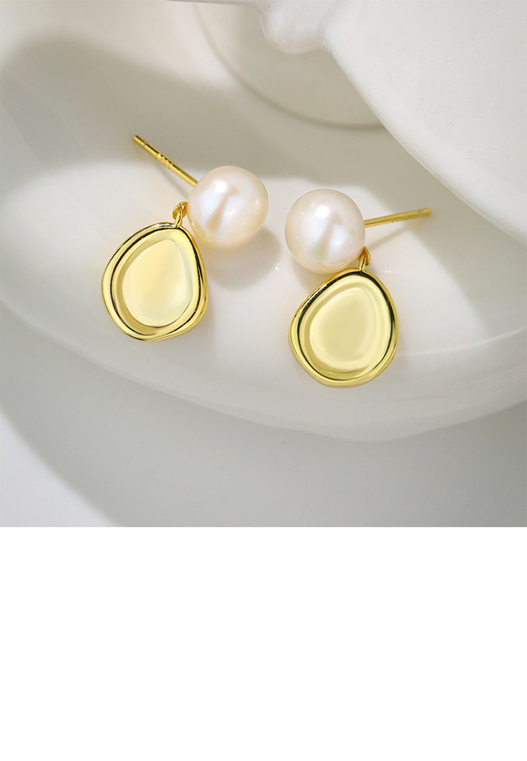 925 Sterling Silver Plated Gold Simple Temperament Freshwater Pearl Irregular Geometric Earrings - Luxurious Look