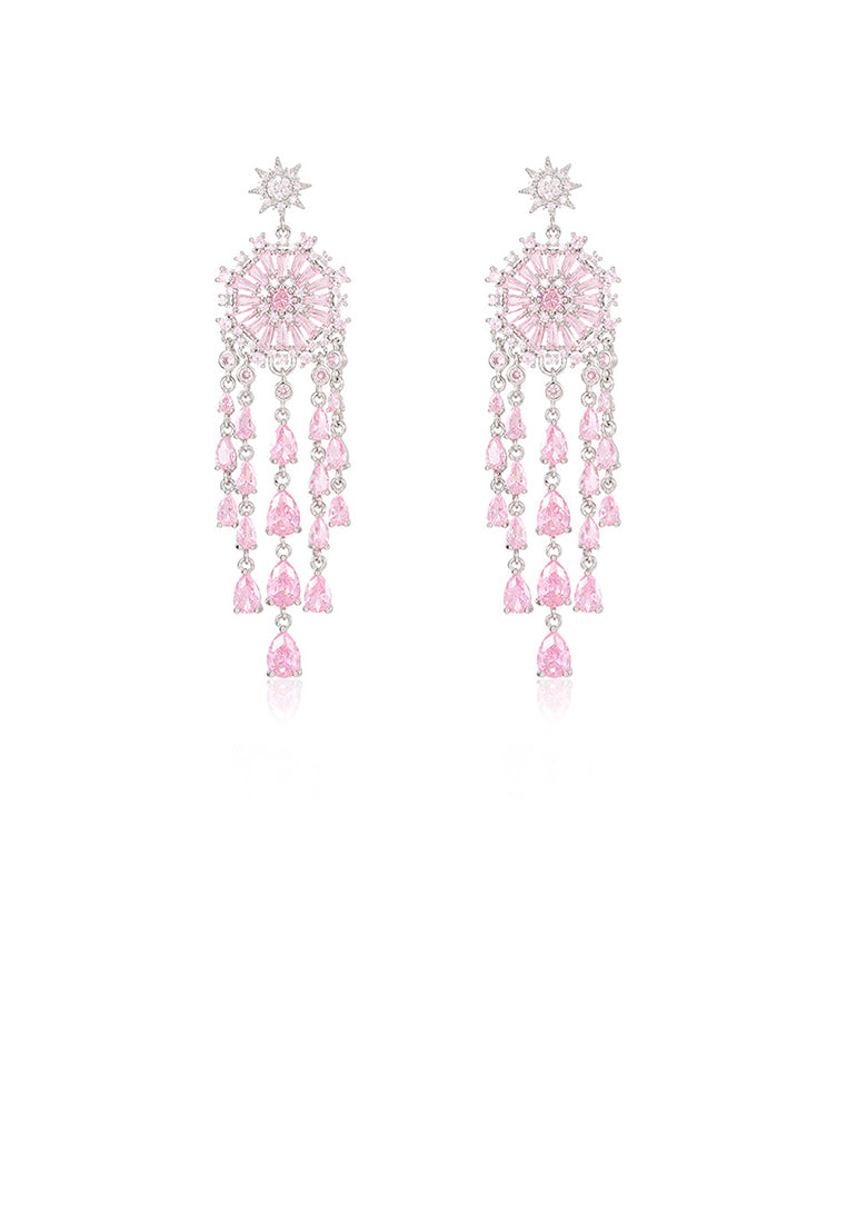 Fashion Brilliant Plated Gold Geometric Round Tassel Earrings with Pink Cubic Zirconia - Luxurious Look - Vibrant Color