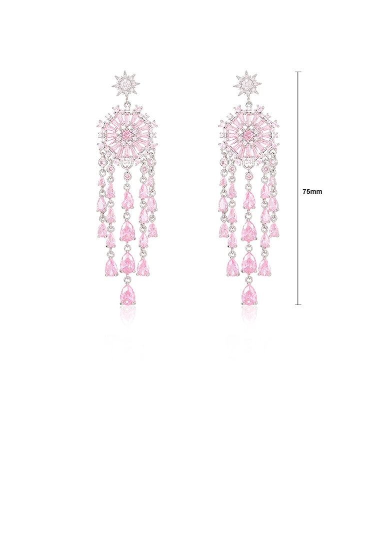 Fashion Brilliant Plated Gold Geometric Round Tassel Earrings with Pink Cubic Zirconia - Luxurious Look - Vibrant Color