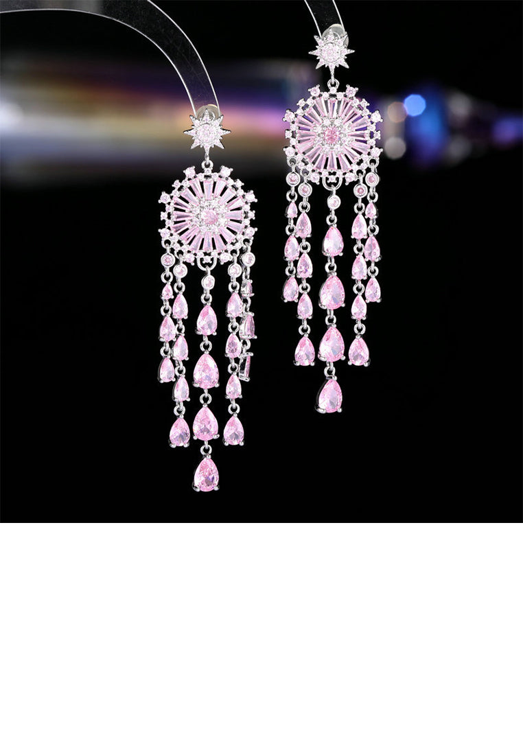 Fashion Brilliant Plated Gold Geometric Round Tassel Earrings with Pink Cubic Zirconia - Luxurious Look - Vibrant Color