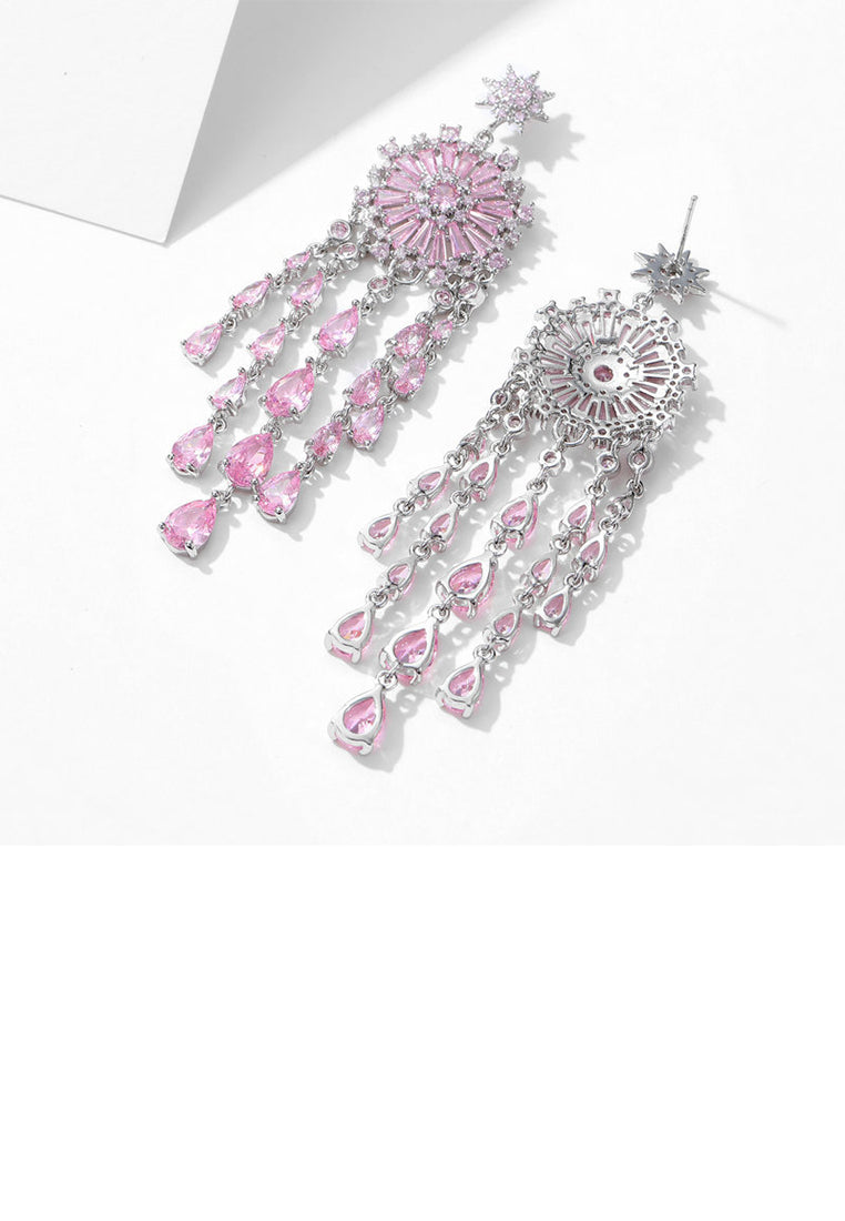 Fashion Brilliant Plated Gold Geometric Round Tassel Earrings with Pink Cubic Zirconia - Luxurious Look - Vibrant Color