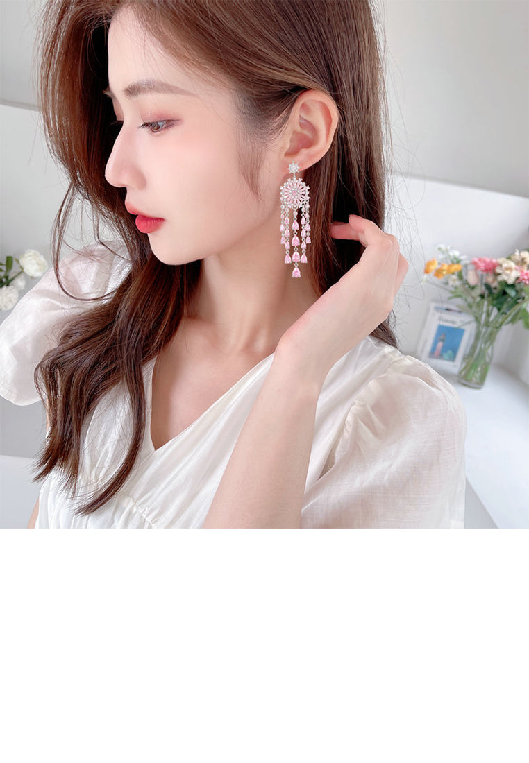 Fashion Brilliant Plated Gold Geometric Round Tassel Earrings with Pink Cubic Zirconia - Luxurious Look - Vibrant Color