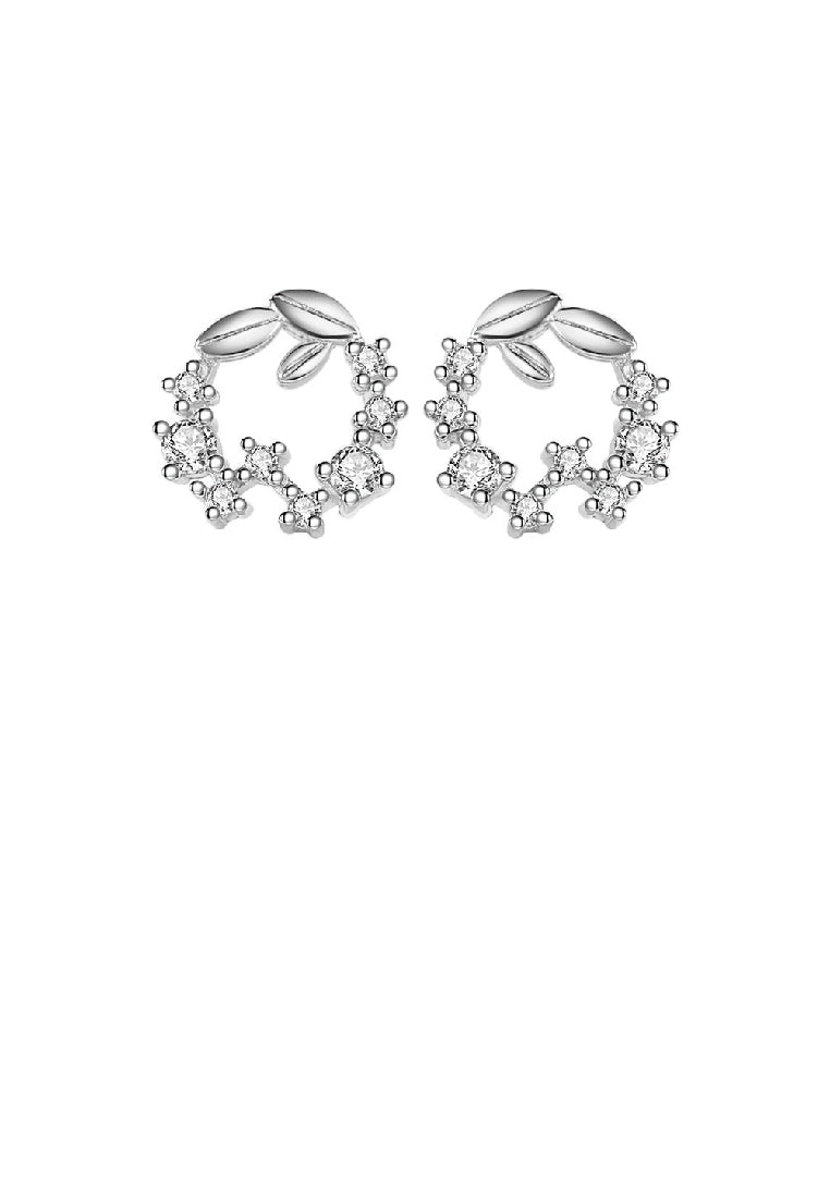 925 Sterling Silver Simple Fashion Leaf Circle Stud Earrings with Cubic Zirconia - Luxurious Look