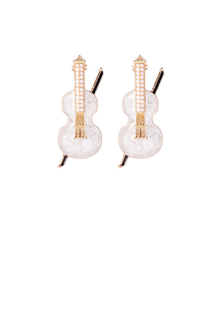 Fashion and Creative Plated Gold Enamel White Violin Stud Earrings with Imitation Pearls