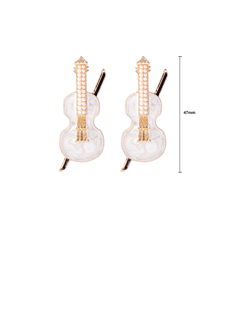 Fashion and Creative Plated Gold Enamel White Violin Stud Earrings with Imitation Pearls