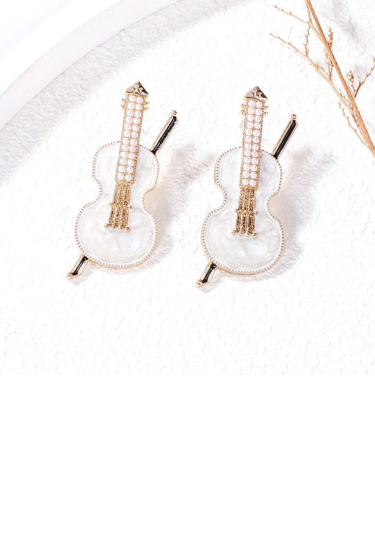 Fashion and Creative Plated Gold Enamel White Violin Stud Earrings with Imitation Pearls