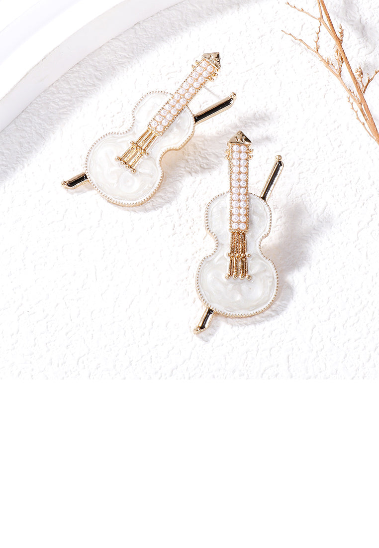 Fashion and Creative Plated Gold Enamel White Violin Stud Earrings with Imitation Pearls