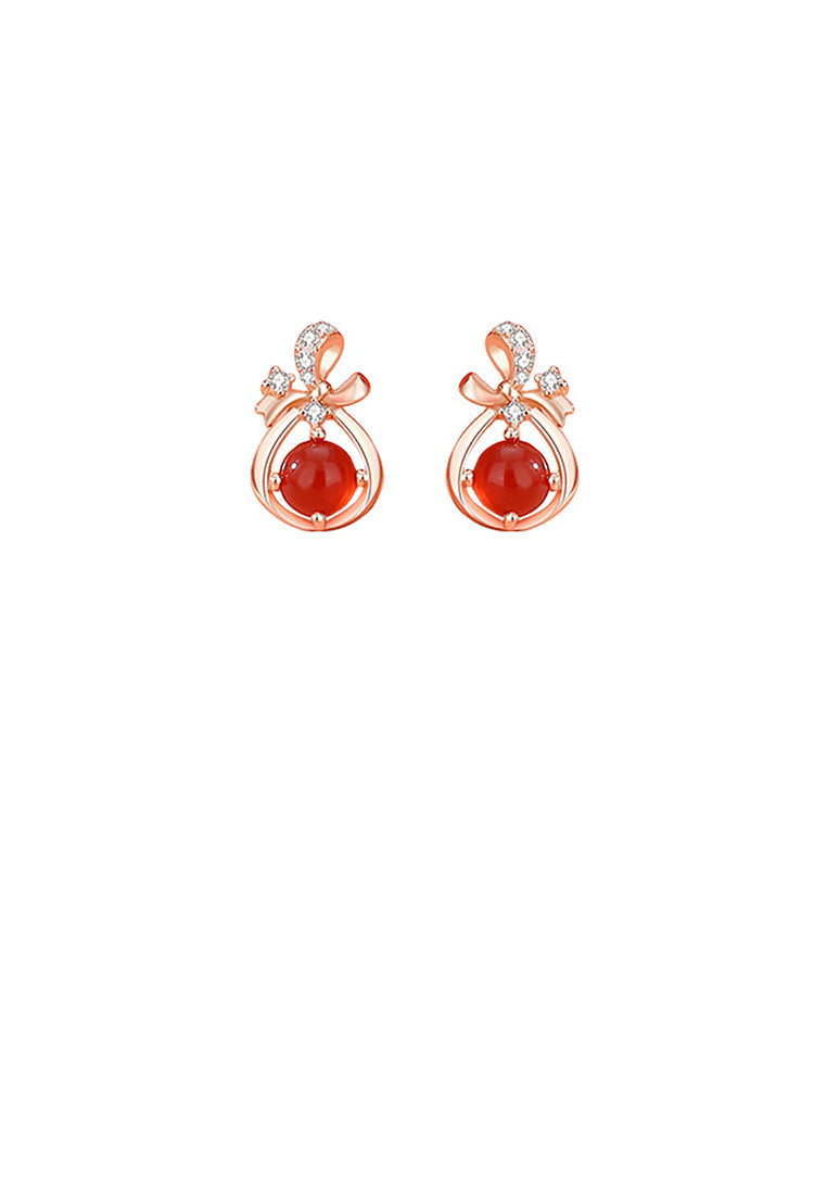 925 Sterling Silver Plated Rose Gold Simple Cute Ribbon Imitation Red Agate Stud Earrings with Cubic Zirconia - Luxurious Look - Vibrant Color