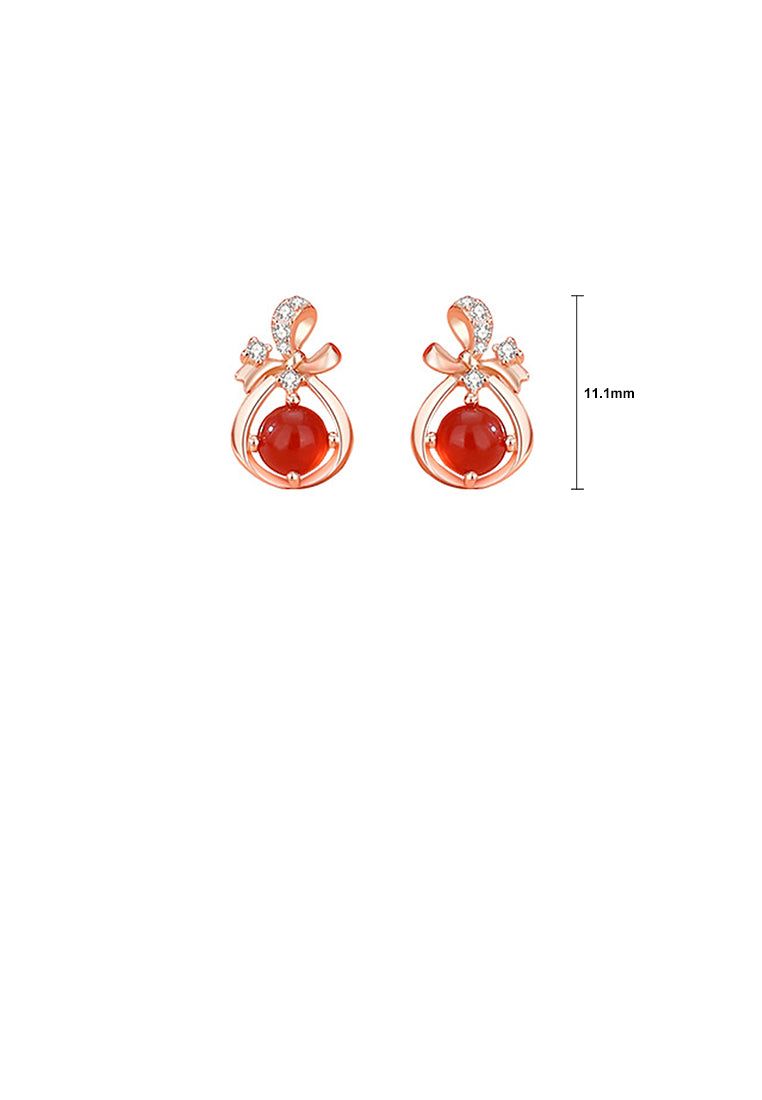 925 Sterling Silver Plated Rose Gold Simple Cute Ribbon Imitation Red Agate Stud Earrings with Cubic Zirconia - Luxurious Look - Vibrant Color