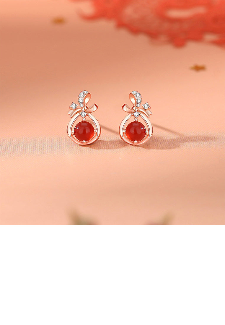925 Sterling Silver Plated Rose Gold Simple Cute Ribbon Imitation Red Agate Stud Earrings with Cubic Zirconia - Luxurious Look - Vibrant Color