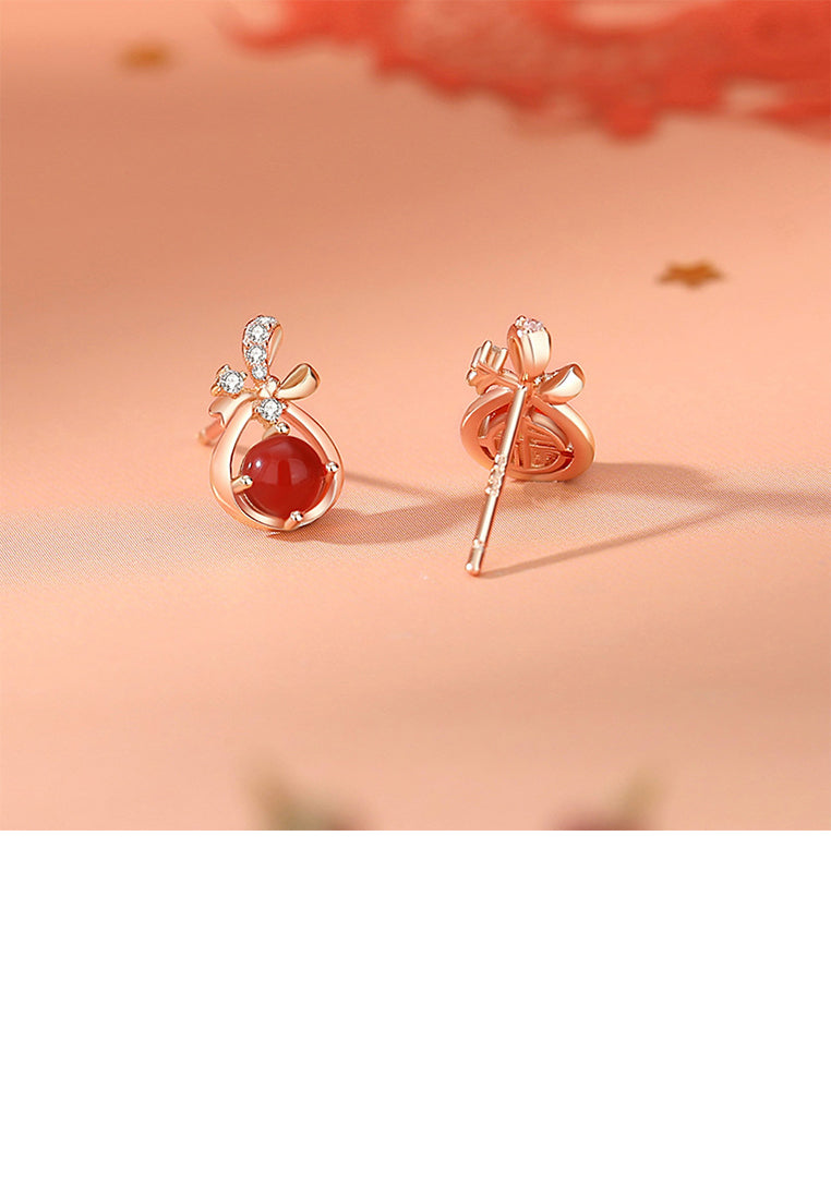 925 Sterling Silver Plated Rose Gold Simple Cute Ribbon Imitation Red Agate Stud Earrings with Cubic Zirconia - Luxurious Look - Vibrant Color