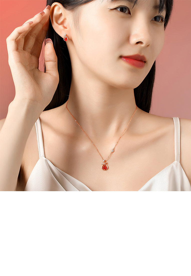 925 Sterling Silver Plated Rose Gold Simple Cute Ribbon Imitation Red Agate Stud Earrings with Cubic Zirconia - Luxurious Look - Vibrant Color