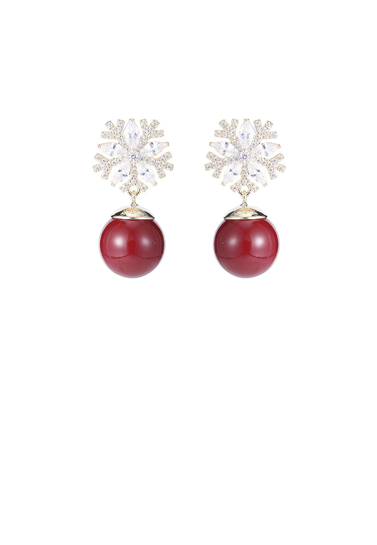 Fashion Plated Gold Snowflake Red Imitation Pearl Earrings with Cubic Zirconia - Luxurious Look - Vibrant Color