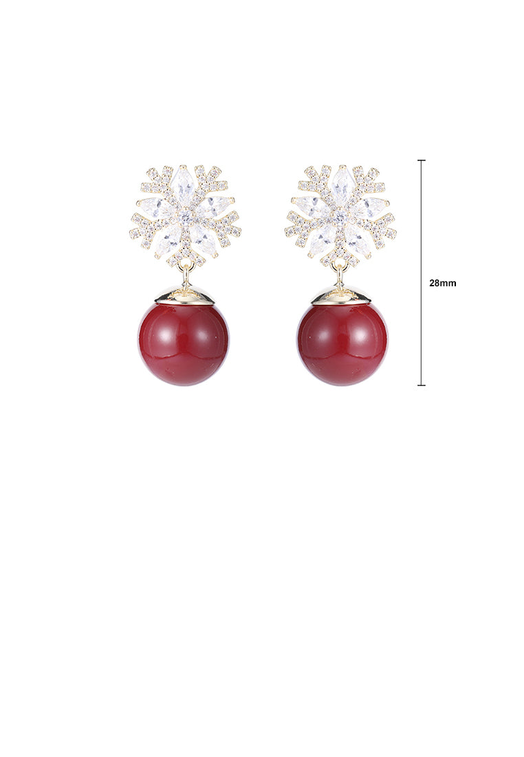 Fashion Plated Gold Snowflake Red Imitation Pearl Earrings with Cubic Zirconia - Luxurious Look - Vibrant Color