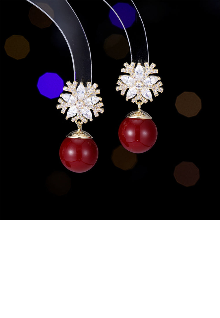 Fashion Plated Gold Snowflake Red Imitation Pearl Earrings with Cubic Zirconia - Luxurious Look - Vibrant Color