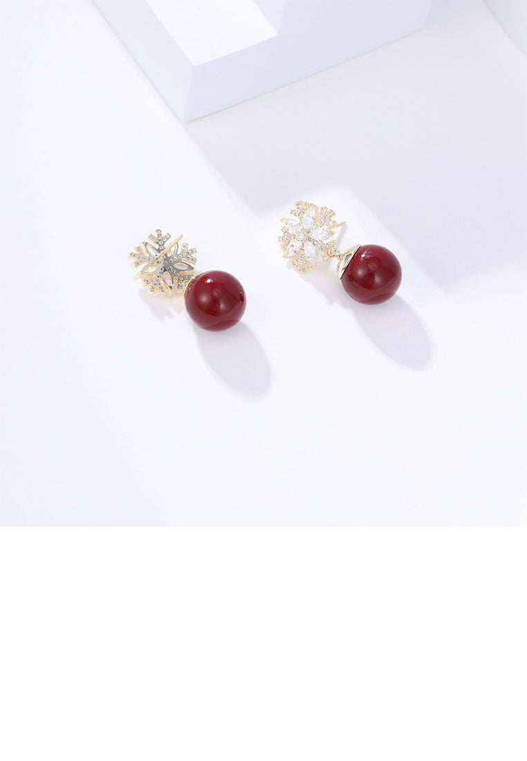 Fashion Plated Gold Snowflake Red Imitation Pearl Earrings with Cubic Zirconia - Luxurious Look - Vibrant Color
