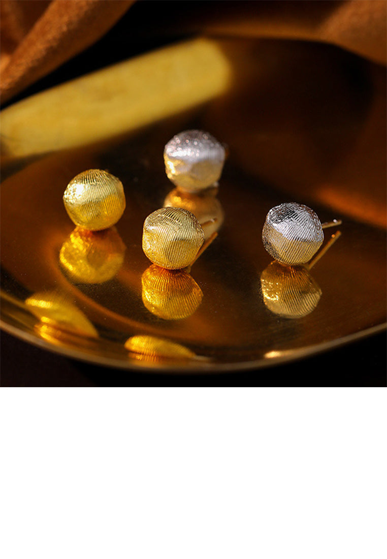 925 Sterling Silver Plated Gold Simple and Fashion Brushed Irregular Round Bead Stud Earrings