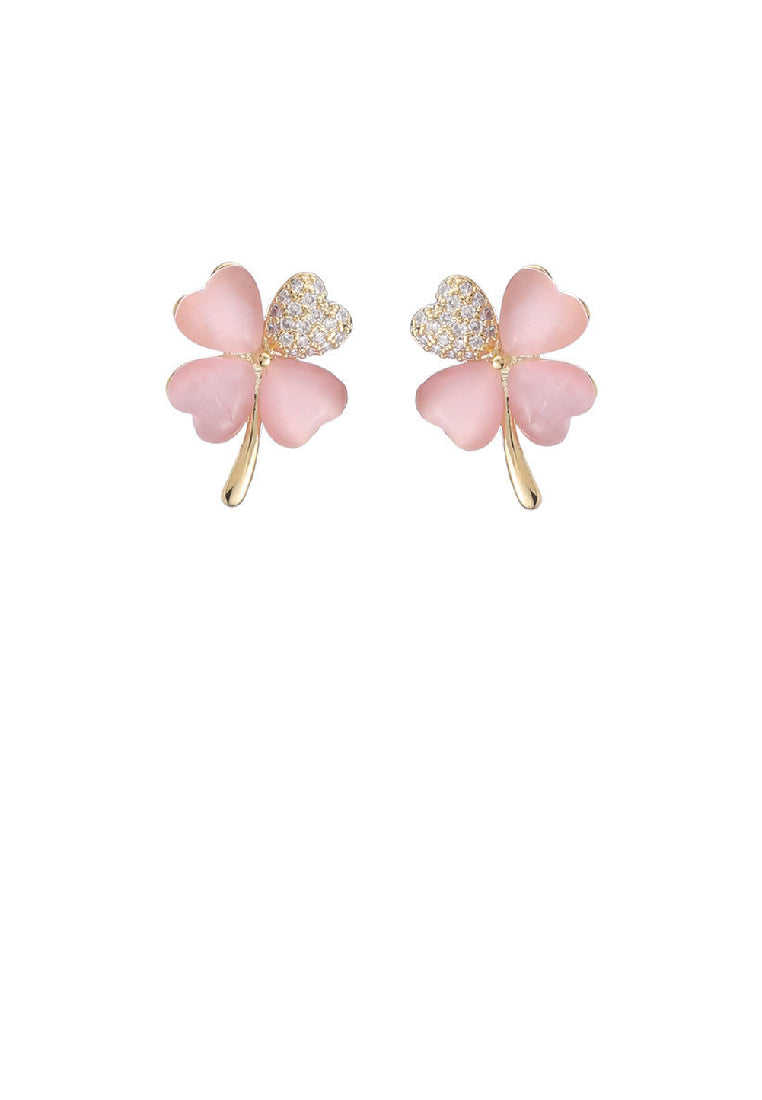 Simple Fashion Plated Gold Four-leafed Clover Pink Imitation Opal Stud Earrings with Yellow Cubic Zirconia - Luxurious Look - Vibrant Color