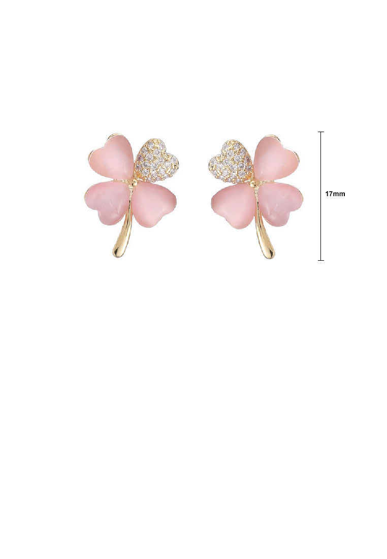Simple Fashion Plated Gold Four-leafed Clover Pink Imitation Opal Stud Earrings with Yellow Cubic Zirconia - Luxurious Look - Vibrant Color