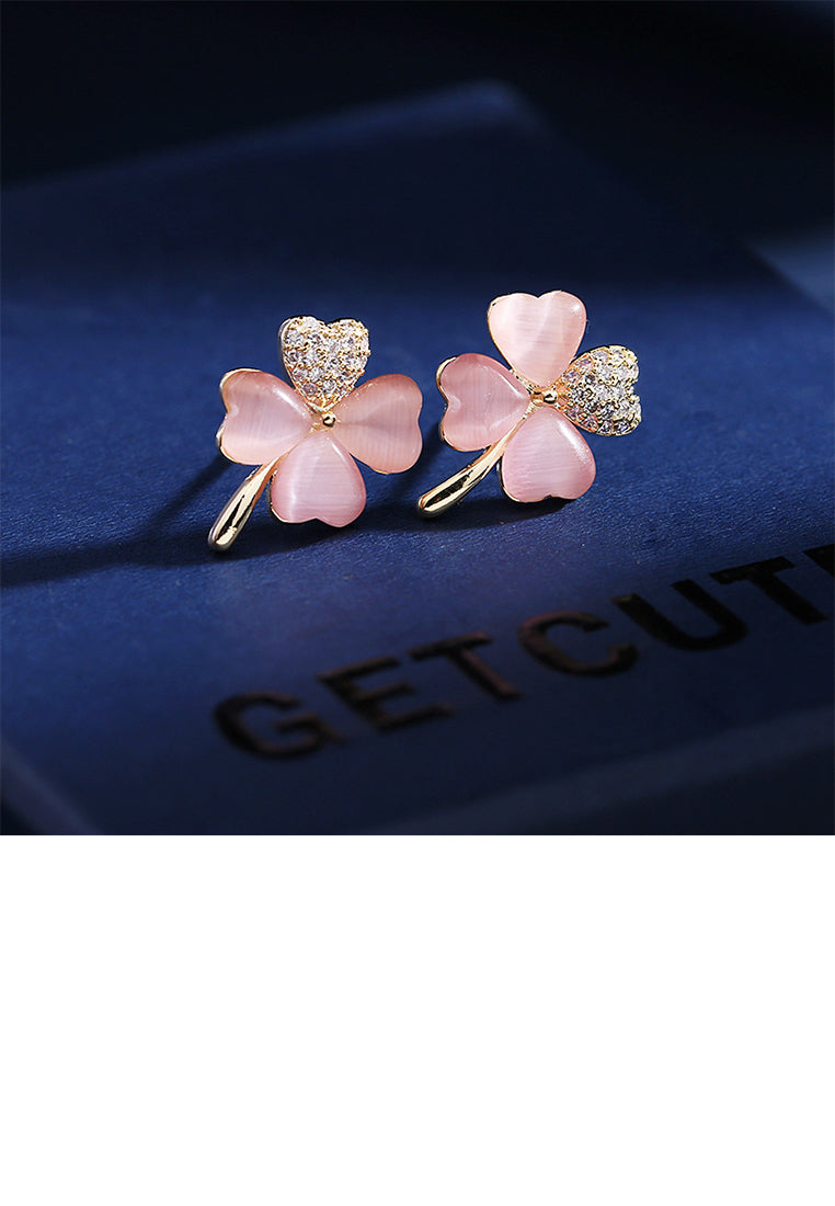 Simple Fashion Plated Gold Four-leafed Clover Pink Imitation Opal Stud Earrings with Yellow Cubic Zirconia - Luxurious Look - Vibrant Color