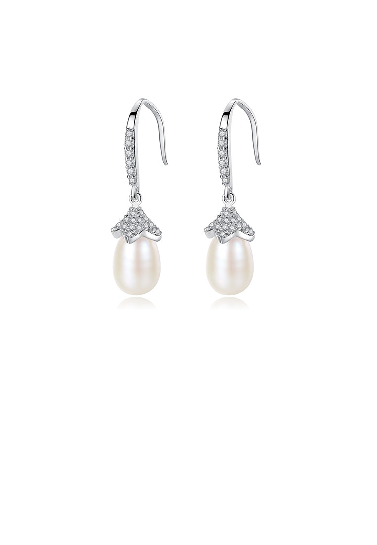 925 Sterling Silver Fashion Water Drop Shape Freshwater Pearl Earrings with Cubic Zirconia - Luxurious Look