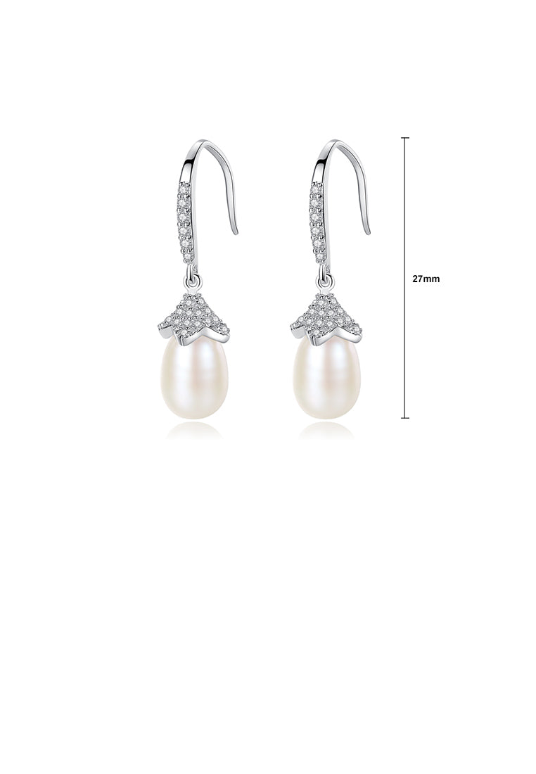 925 Sterling Silver Fashion Water Drop Shape Freshwater Pearl Earrings with Cubic Zirconia - Luxurious Look