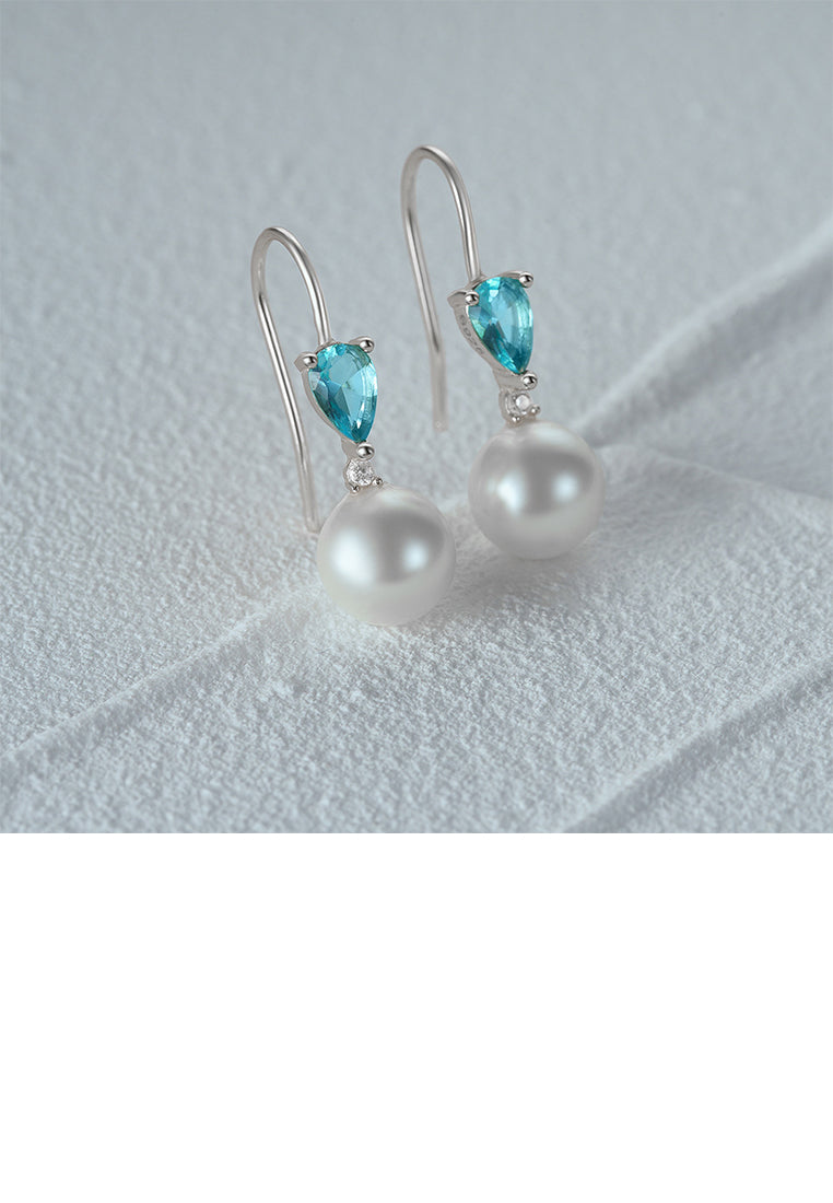 925 Sterling Silver Fashion and Elegant Water Drop-shaped Geometric Imitation Pearl Earrings with Cubic Zirconia - Luxurious Look