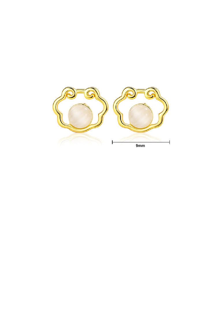 925 Sterling Silver Plated Gold Simple Vintage Ping An Lock Imitation Opal Stud Earrings