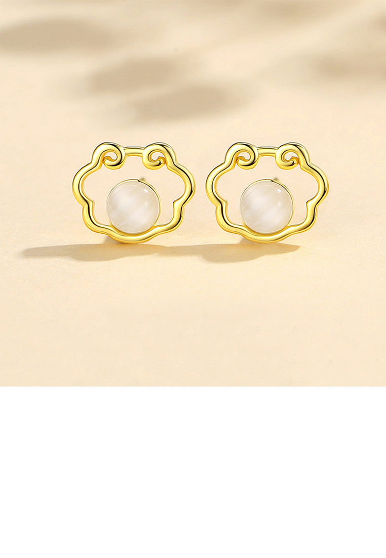 925 Sterling Silver Plated Gold Simple Vintage Ping An Lock Imitation Opal Stud Earrings