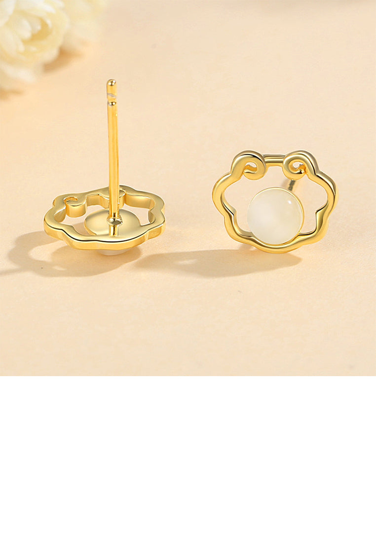 925 Sterling Silver Plated Gold Simple Vintage Ping An Lock Imitation Opal Stud Earrings