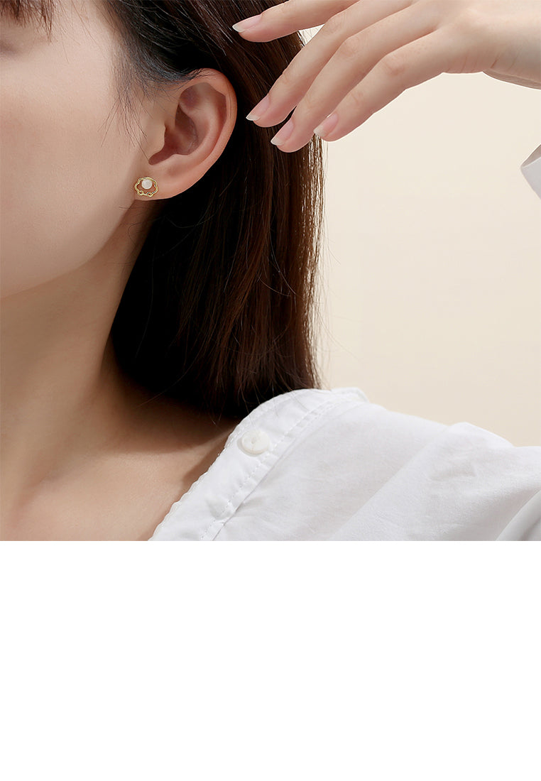 925 Sterling Silver Plated Gold Simple Vintage Ping An Lock Imitation Opal Stud Earrings