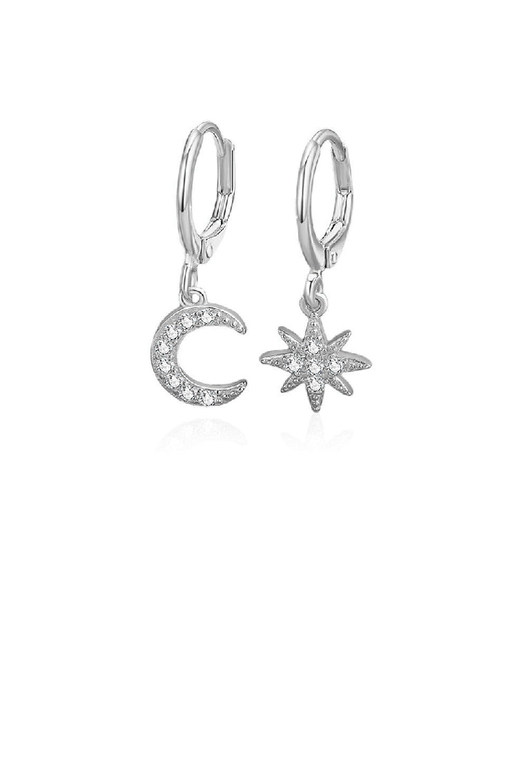 925 Sterling Silver Simple Fashion Star Moon Asymmetrical Earrings with Cubic Zirconia - Luxurious Look