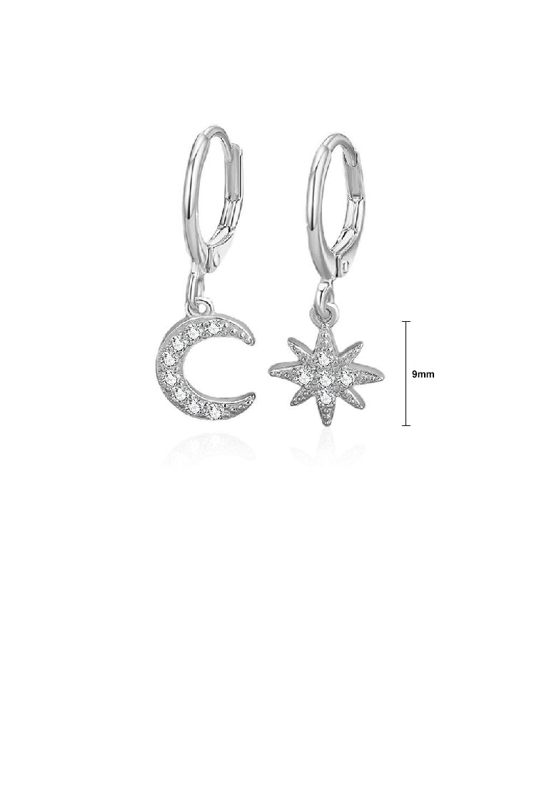 925 Sterling Silver Simple Fashion Star Moon Asymmetrical Earrings with Cubic Zirconia - Luxurious Look
