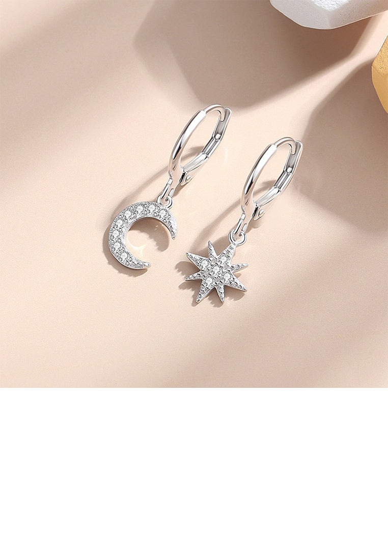925 Sterling Silver Simple Fashion Star Moon Asymmetrical Earrings with Cubic Zirconia - Luxurious Look