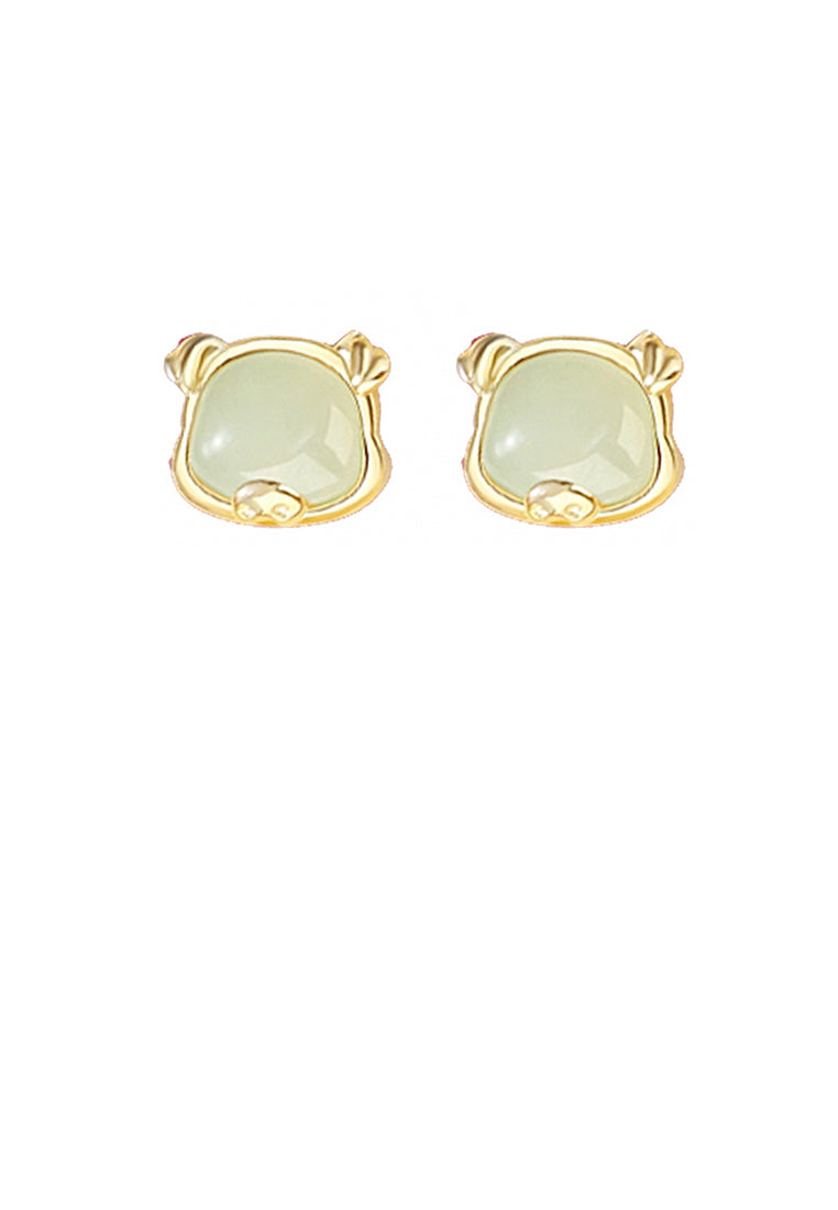 925 Sterling Silver Plated Gold Simple and Elegant Twelve Zodiac Pig Imitation Hetian Jade Stud Earrings
