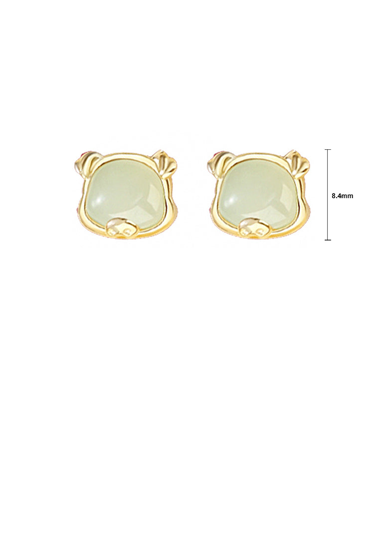 925 Sterling Silver Plated Gold Simple and Elegant Twelve Zodiac Pig Imitation Hetian Jade Stud Earrings
