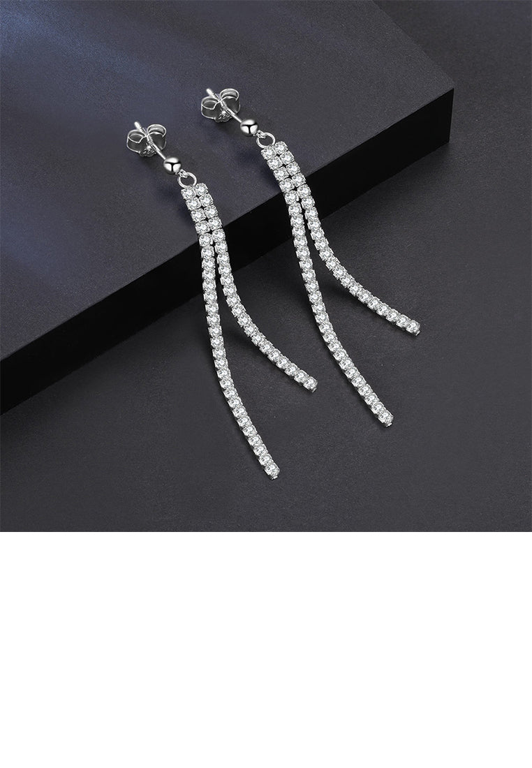925 Sterling Silver Simple Brilliant Geometric Tassel Earrings with Cubic Zirconia - Luxurious Look