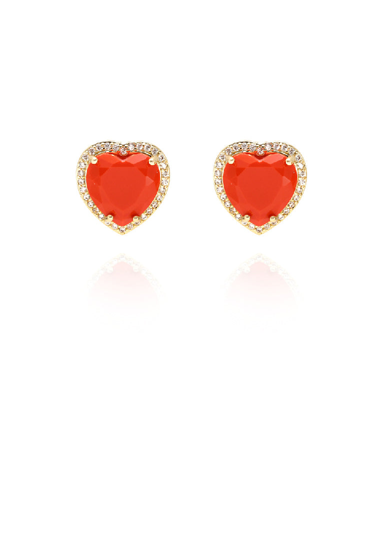 Simple Fashion Plated Gold Heart Stud Earrings with Orange Cubic Zirconia - Luxurious Look
