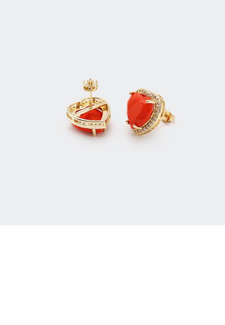 Simple Fashion Plated Gold Heart Stud Earrings with Orange Cubic Zirconia - Luxurious Look