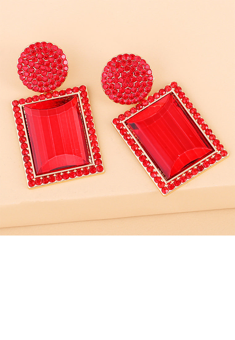 Fashion Brilliant Plated Gold Geometric Earrings with Red Cubic Zirconia - Luxurious Look - Vibrant Color