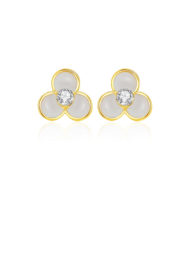 925 Sterling Silver Plated Gold Simple Cute Three-leafed Clover Stud Earrings with Cubic Zirconia - Luxurious Look
