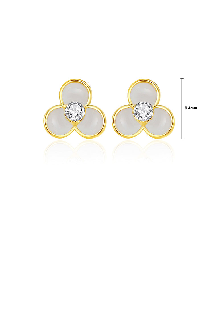 925 Sterling Silver Plated Gold Simple Cute Three-leafed Clover Stud Earrings with Cubic Zirconia - Luxurious Look