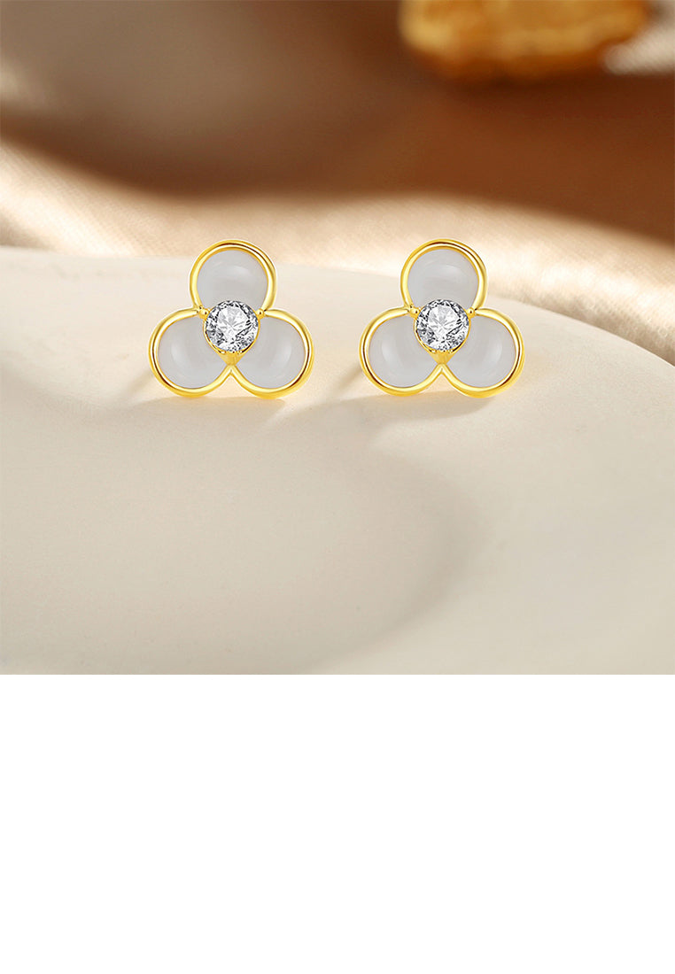 925 Sterling Silver Plated Gold Simple Cute Three-leafed Clover Stud Earrings with Cubic Zirconia - Luxurious Look